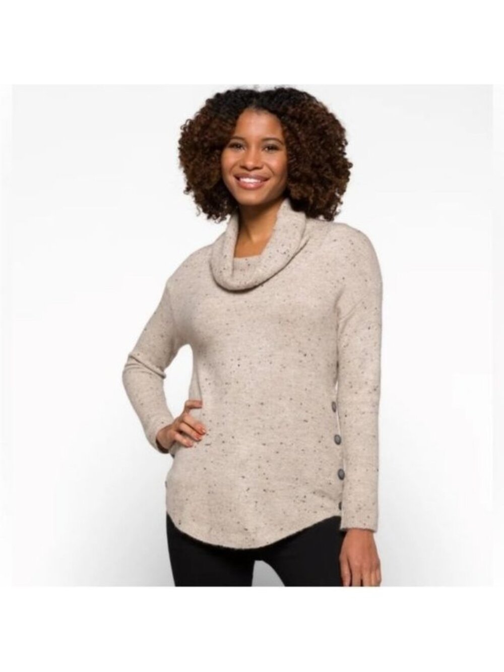 Fortune + Ivy Beige Cowl Neck Button Detail Pullover Sweater S